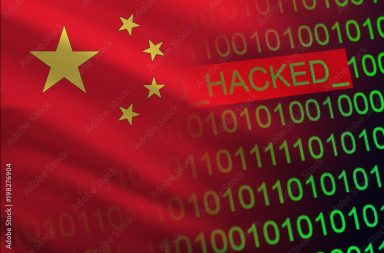 China hacked state security. Cyberattack on the financial and banking structure. Theft of secret information. On a background of a flag the binary code.