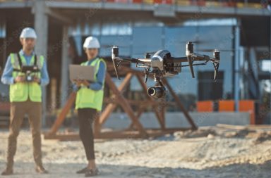 Diverse Team of Specialists Pilot Drone on Construction Site. Architectural Engineer and Safety Engineering Inspector Fly Drone on Commercial Building Construction Site Controlling Design and Quality