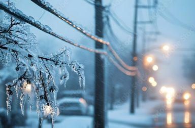 Dramatic frozen winter landscape with a layer of ice covering trees and power lines creating a hazardous yet beautiful scene at dusk in the city